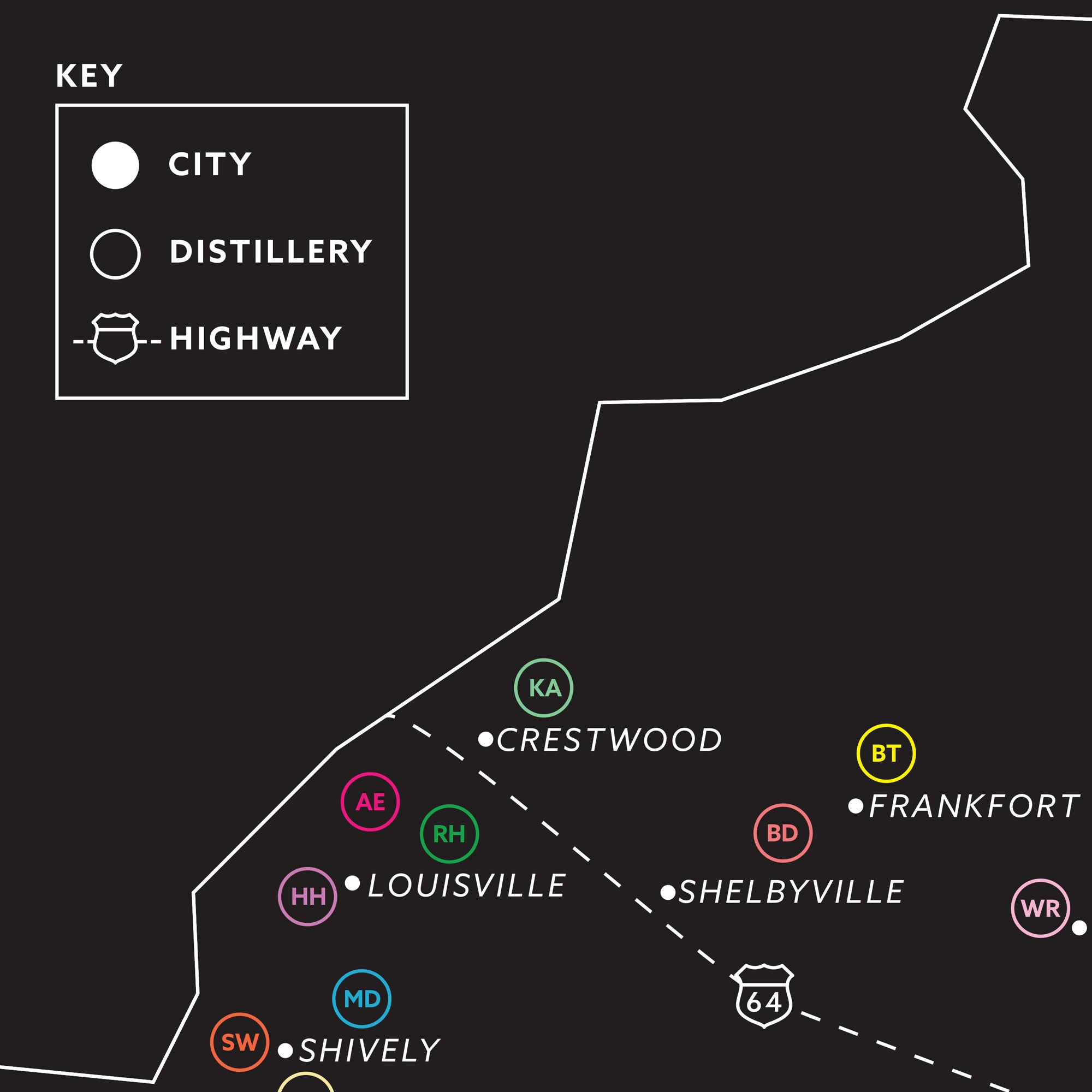 Kentucky's Major Bourbon Distilleries Map Poster