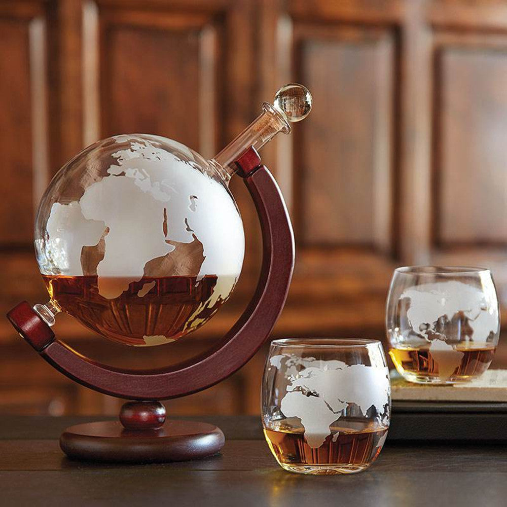 Etched Glass Globe Whisky Decanter and Glasses Set